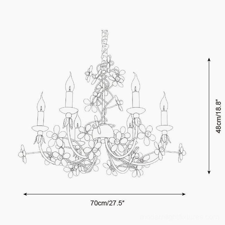 Vivette 6-head floral chandelier technical line drawing showing 70cm diameter and 48cm height specifications