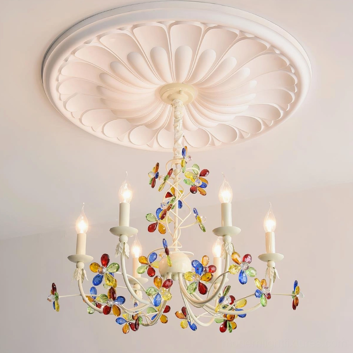 Vivette 6-head floral crystal chandelier with multicolored glass petals in dining room ambiance