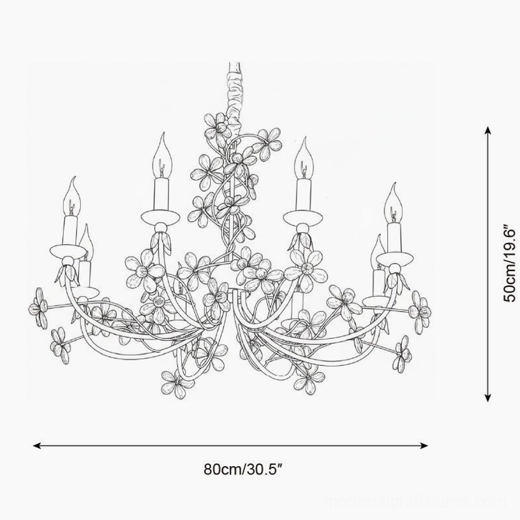 Vivette 8-head floral chandelier technical line drawing showing 80cm diameter and 50cm height dimensions