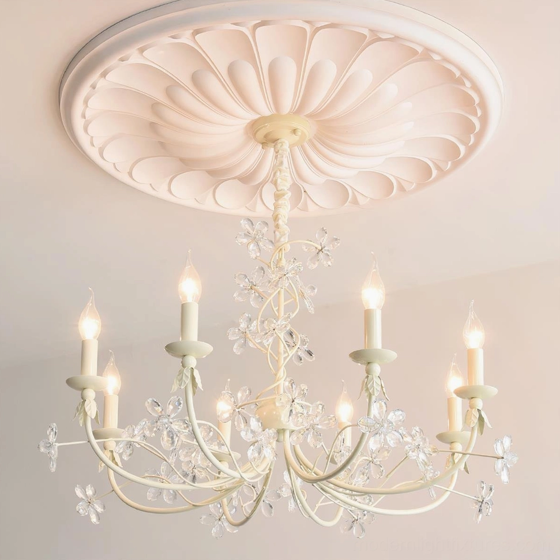 Vivette 8-head chandelier with clear crystal accents in beige finish detail view