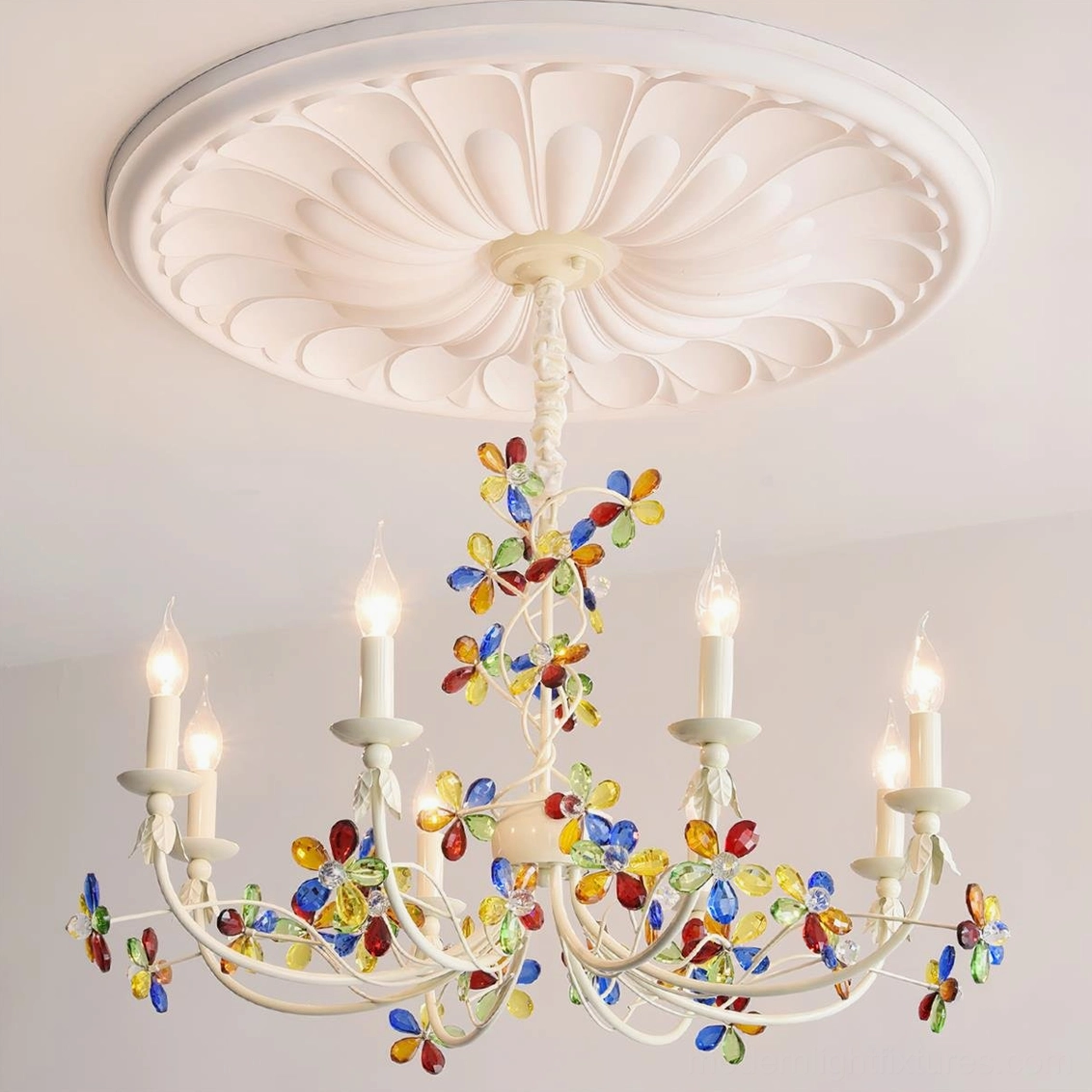 Vivette 8-head chandelier with multicolored glass flowers and beige metal frame overhead view