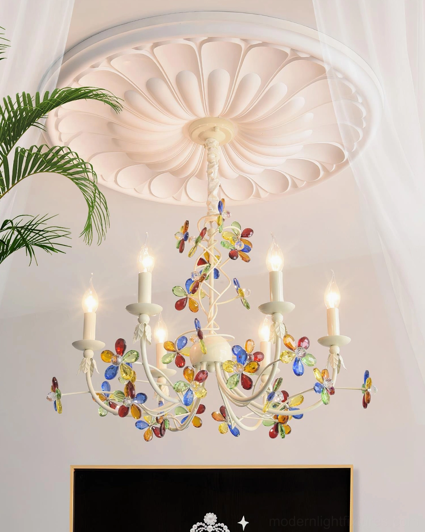 Vivette floral chandelier installed with carved ceiling medallion and ornamental plasterwork