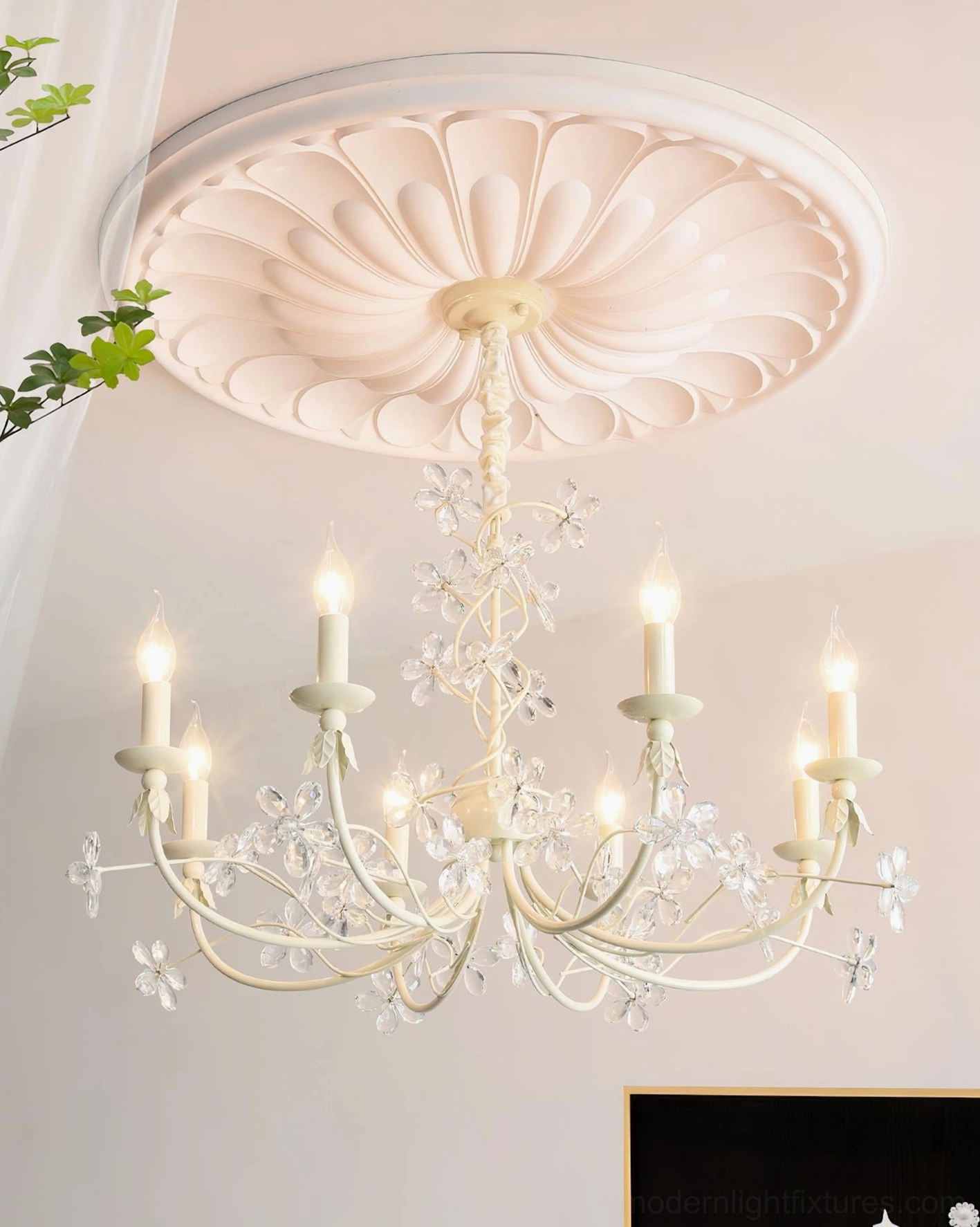 Clear crystal Vivette chandelier with ivory frame in French country living room setting