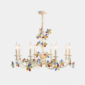 Vivette floral crystal chandelier front overhead view with multicolored glass flower petals on ivory metal frame