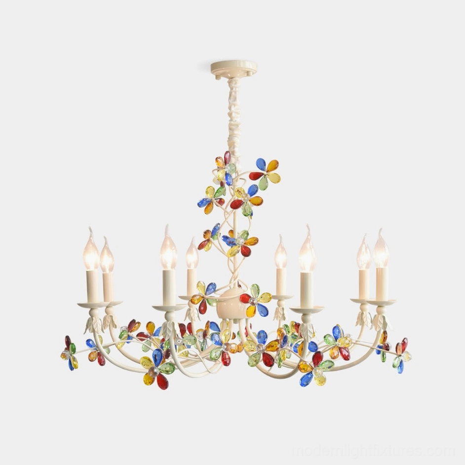 Vivette floral crystal chandelier front overhead view with multicolored glass flower petals on ivory metal frame