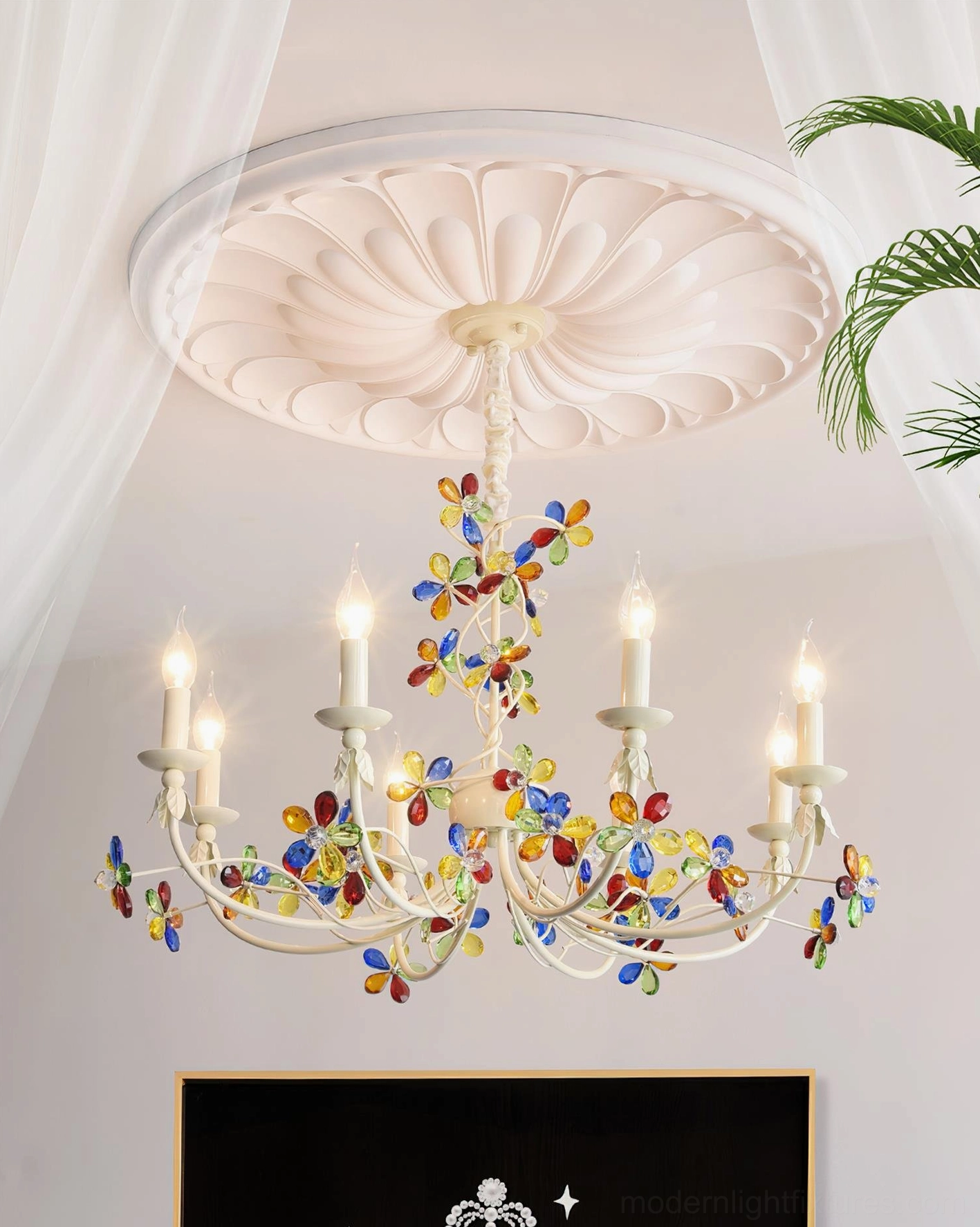 Vivette crystal chandelier with romantic garden-inspired glass flowers in contemporary interior