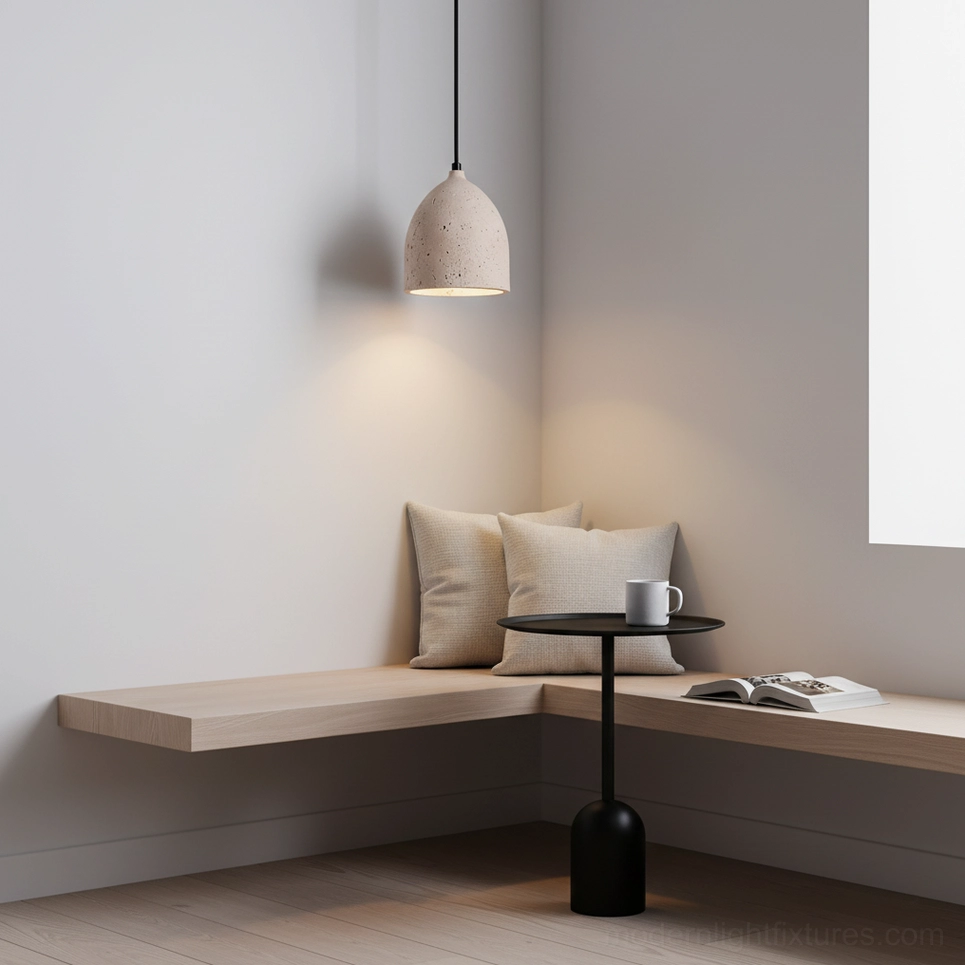 Compact travertine volcanic pendant light with matte beige finish in minimalist window nook seating area