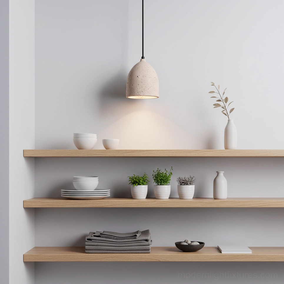 Travertine stone pendant lamp mounted on wooden shelf in minimalist lounge with warm neutral Japandi interior design