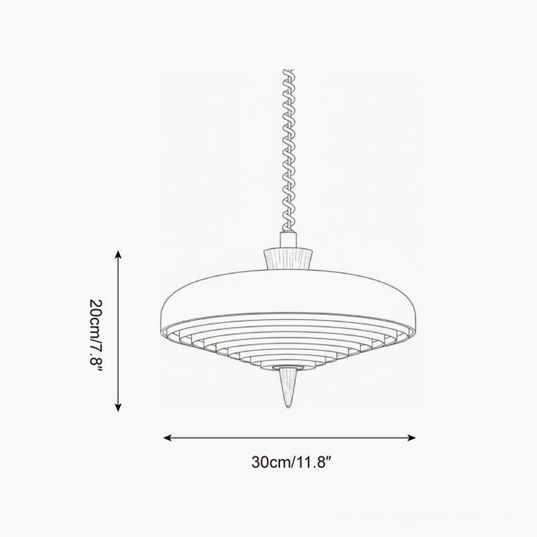 Vortex Spiral Pendant Light dimensional schematic showing 30cm diameter and 20cm height specifications