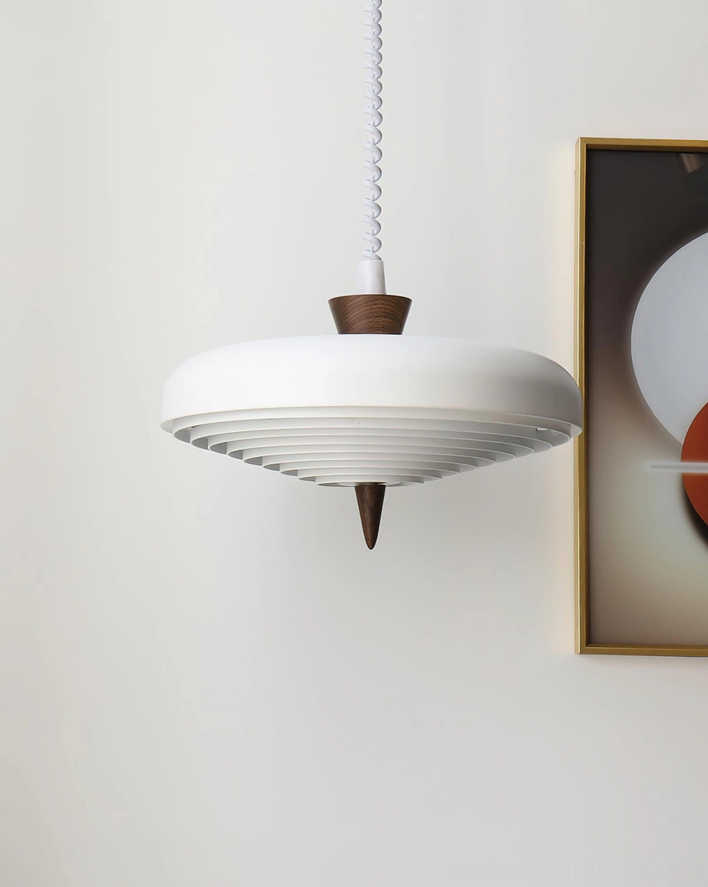 Off-white spiral pendant light with ribbed shade detail and wood finial, contemporary interior styling