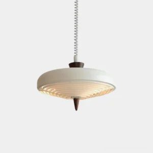 Vortex Spiral Pendant Light - front view studio shot showing off-white ribbed metal shade with wooden finial and coiled white cord
