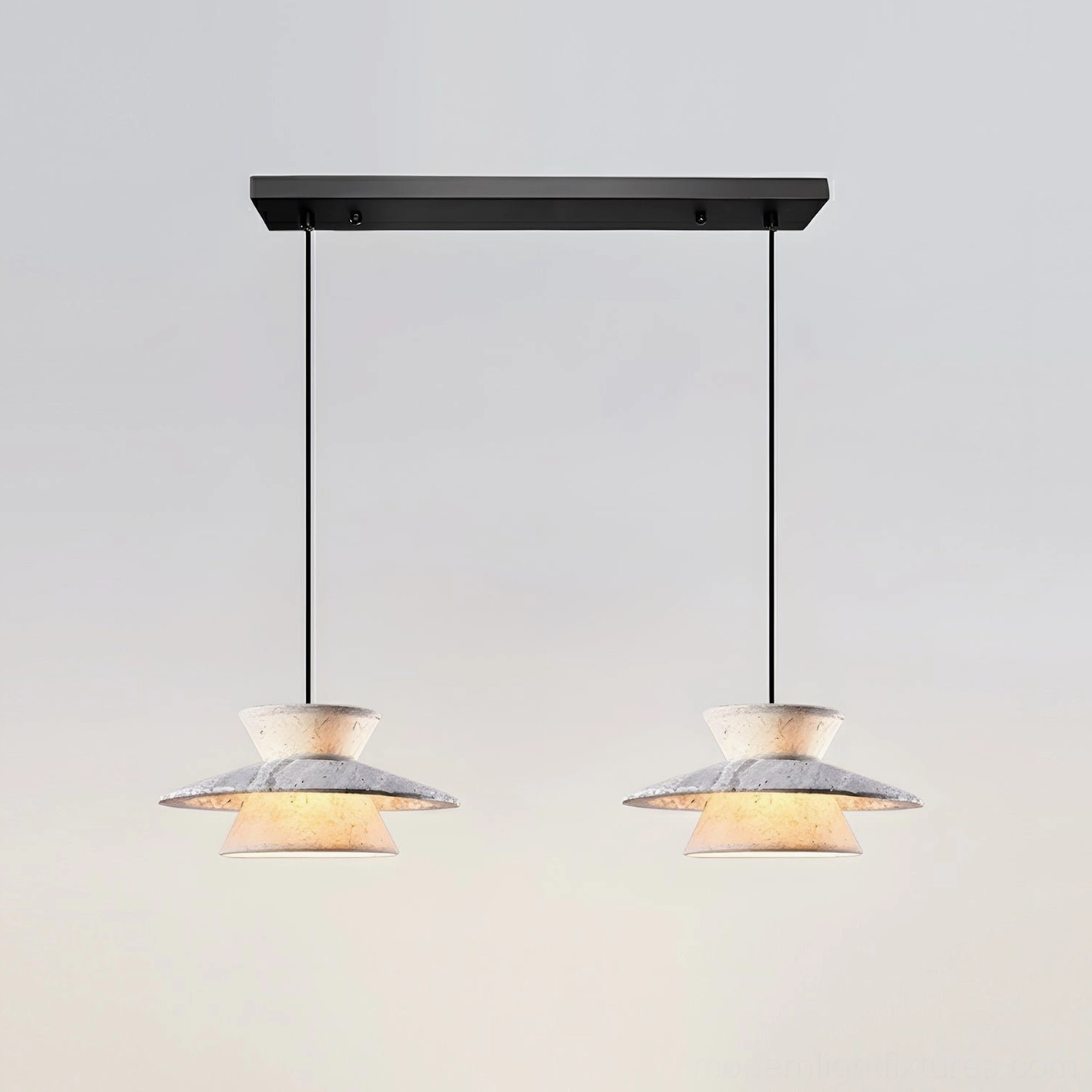 2-head Vortin linear pendant light fixture in grey and white above modern kitchen counter