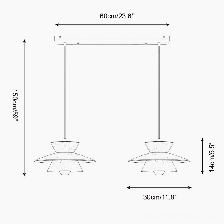 Vortin 3-head linear pendant light orthographic side view technical drawing showing 150cm suspension rod