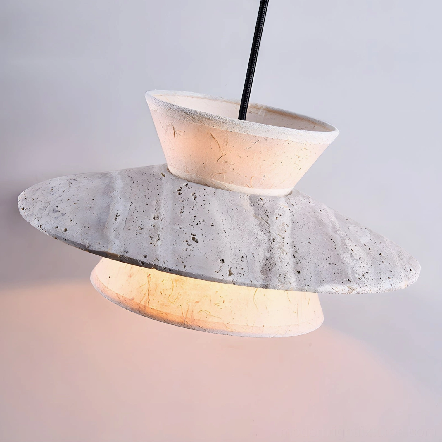 Contemporary geometric pendant light with inverted cone silhouette and floating disc centerpiece design