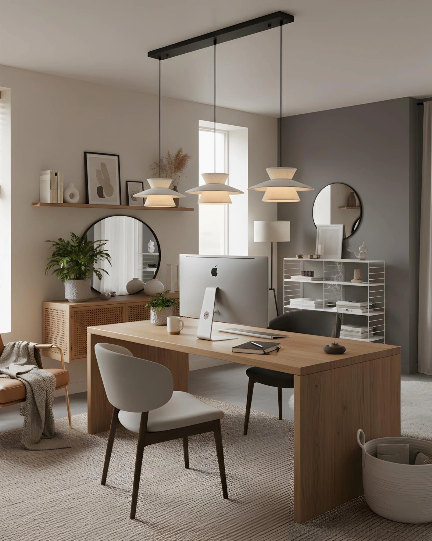 Modern pendant light fixture trio above workspace in contemporary minimalist home office interior