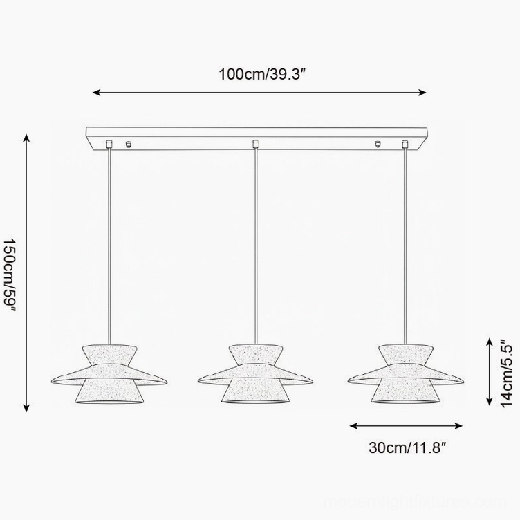 Vortin linear pendant light fixture technical diagram showing geometric form and spacing specifications