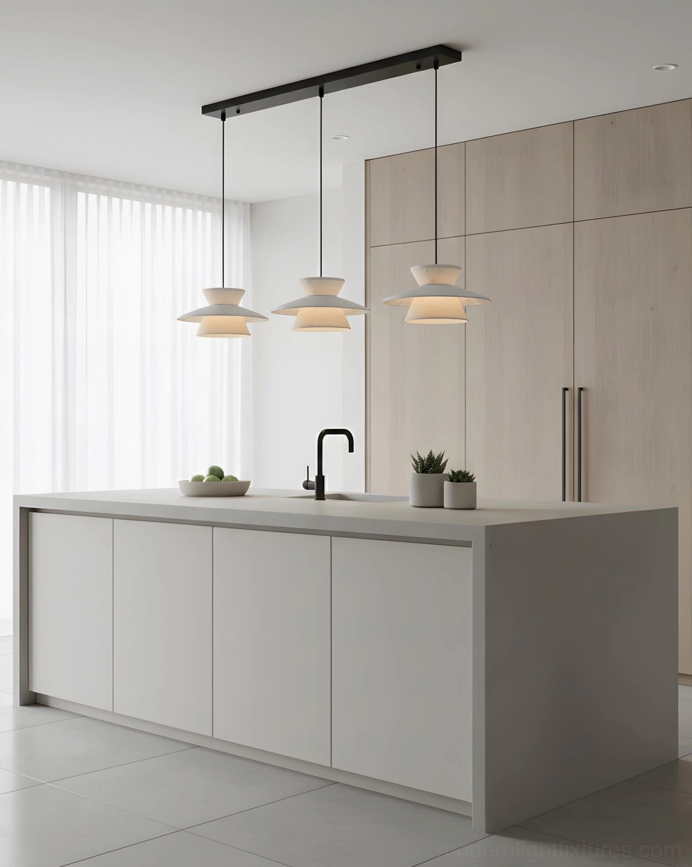Vortin pendant light collection showing sculptural geometric design and neutral color palette options