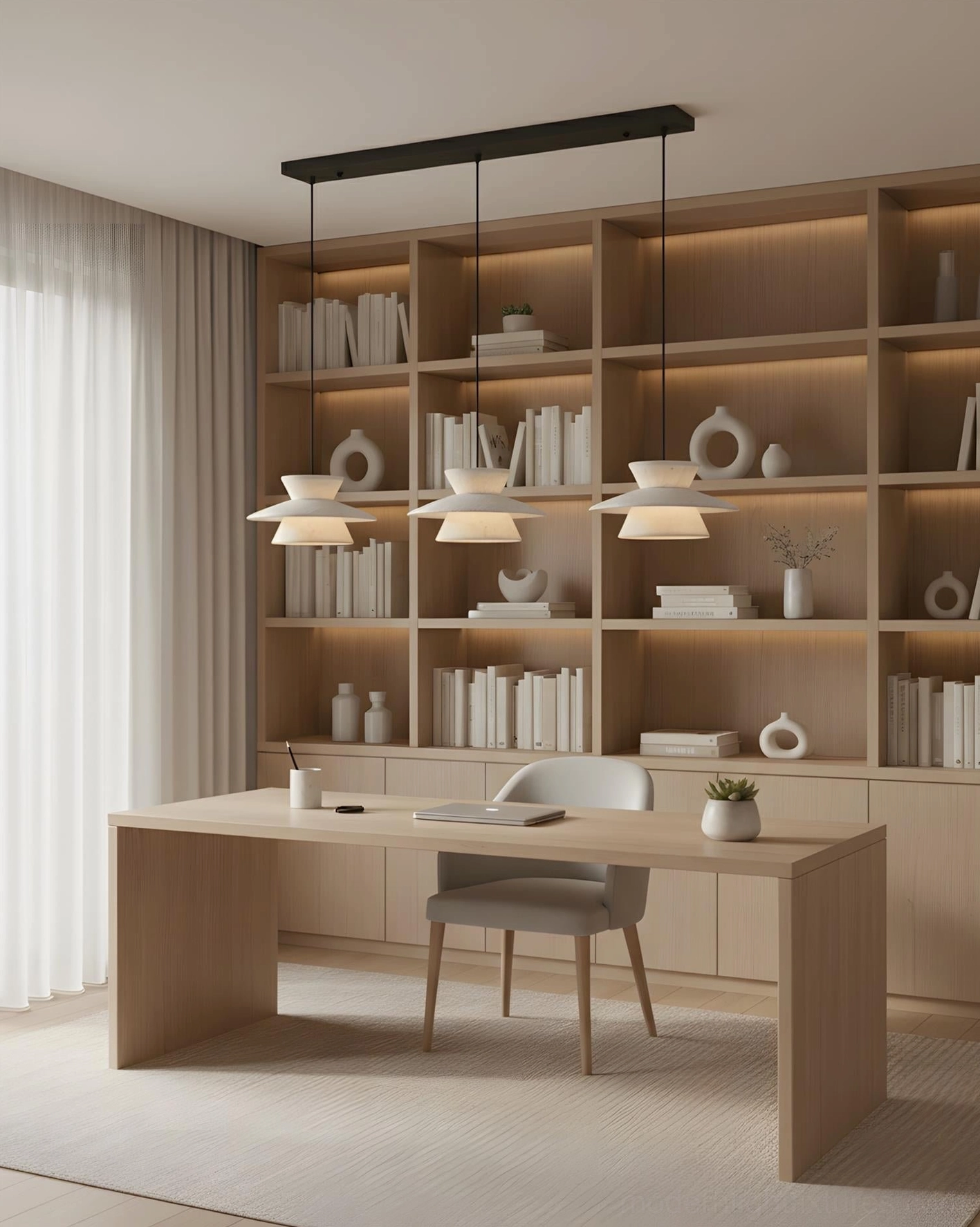 Triple Vortin pendant lights installed in warm minimalist home office with bookshelves and neutral tones