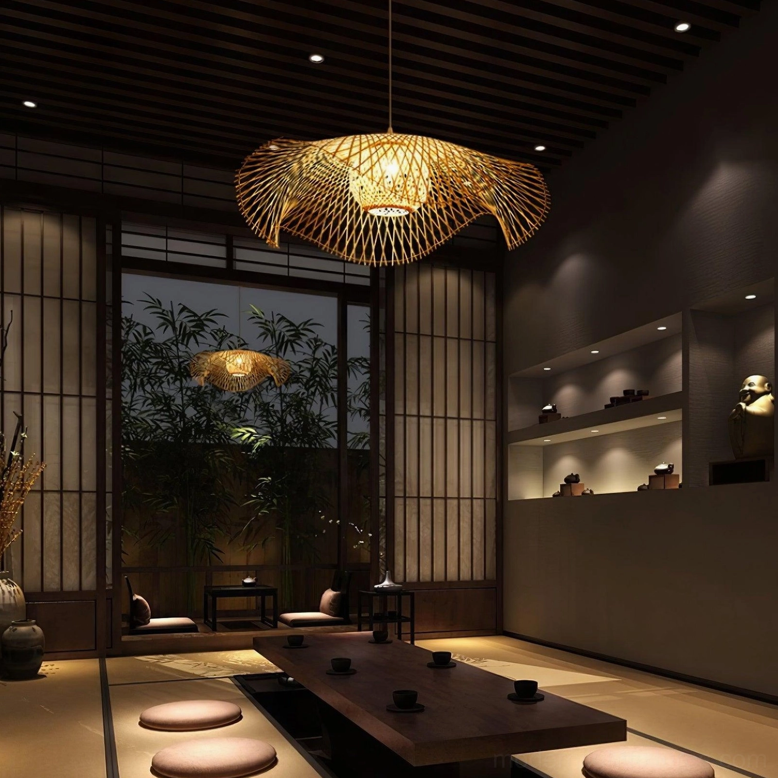 Wabi-sabi inspired bamboo lotus leaf pendant light showcasing imperfect beauty and nature-centered Japanese design philosophy