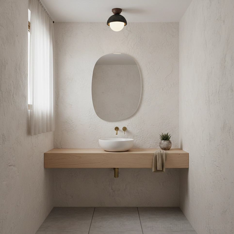 Travertine ceiling light fixture in wabi-sabi style bathroom with oval mirror