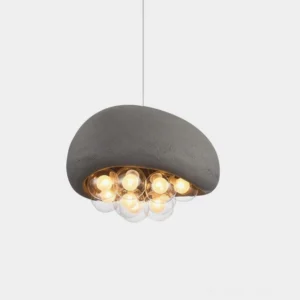 Wabi-sabi bola textured pendant light grey matte sphere front close-up studio view