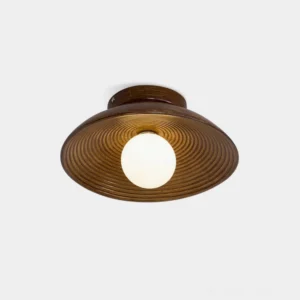 Nubei wabi-sabi flush mount ceiling light with dark brown textured polymer shade and exposed globe bulb, overhead close-up view