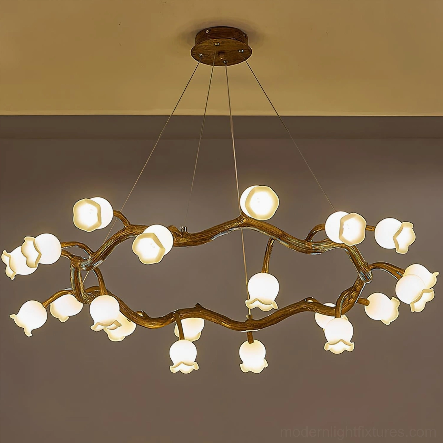 Wabi-Sabi aesthetic flowers branch pendant light in minimalist bedroom space