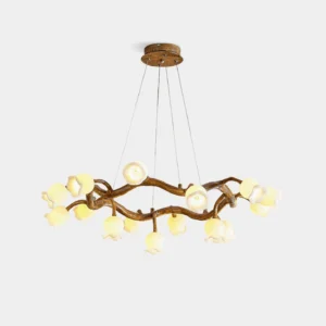 Wabi-Sabi flowers branch chandelier with lily pendant lights in warm wood tones, front view studio photography