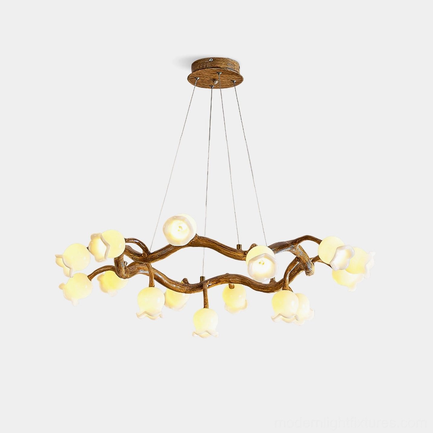 Wabi-Sabi flowers branch chandelier with lily pendant lights in warm wood tones, front view studio photography