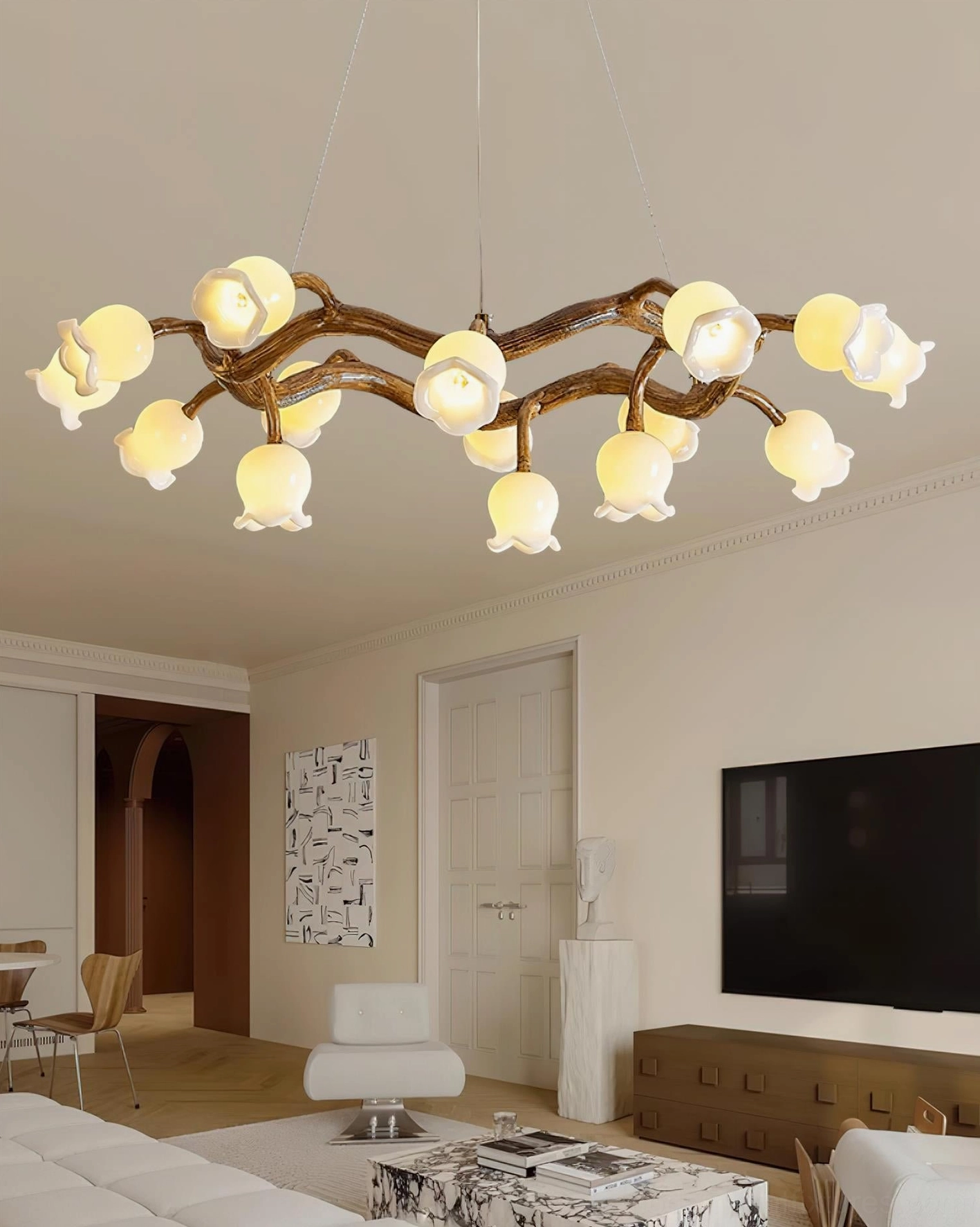 Wabi-Sabi flowers chandelier detail view showing wood-grain frame and white flower shades