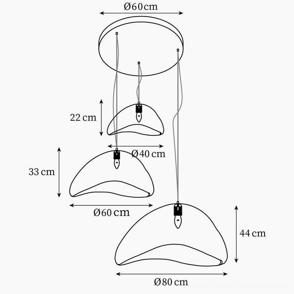 Large wabi-sabi three-pendant chandelier technical schematic with 40cm 60cm 80cm configuration