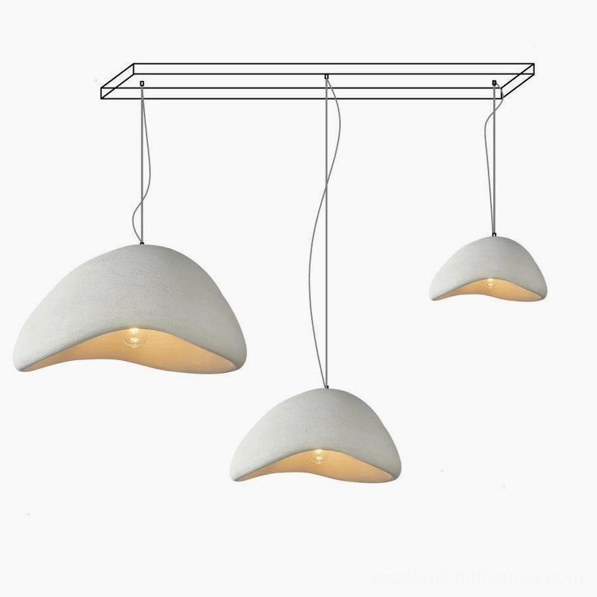 Large wabi-sabi three-light pendant chandelier with white finish and long canopy setup