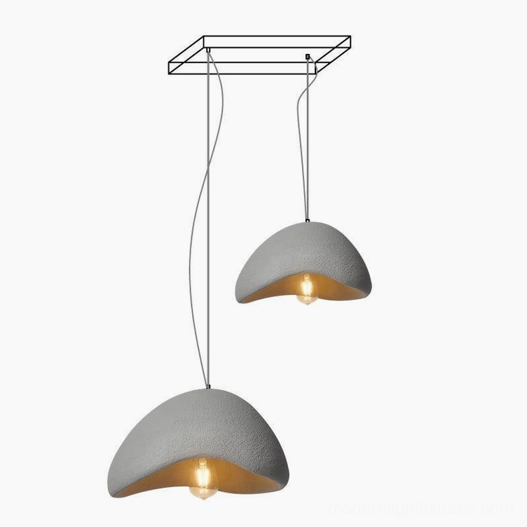 Wabi-sabi long canopy chandelier installation showing multiple pendant sizes in arrangement