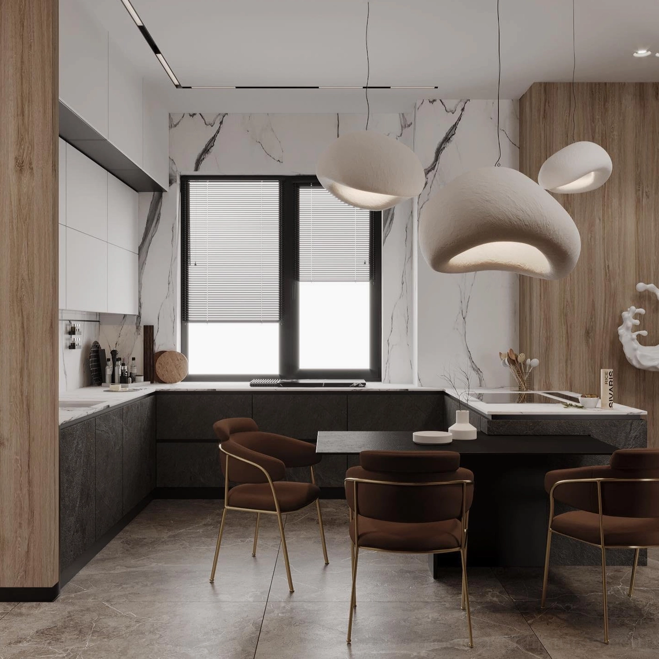Wabi-sabi pendant chandelier installation above dining furniture