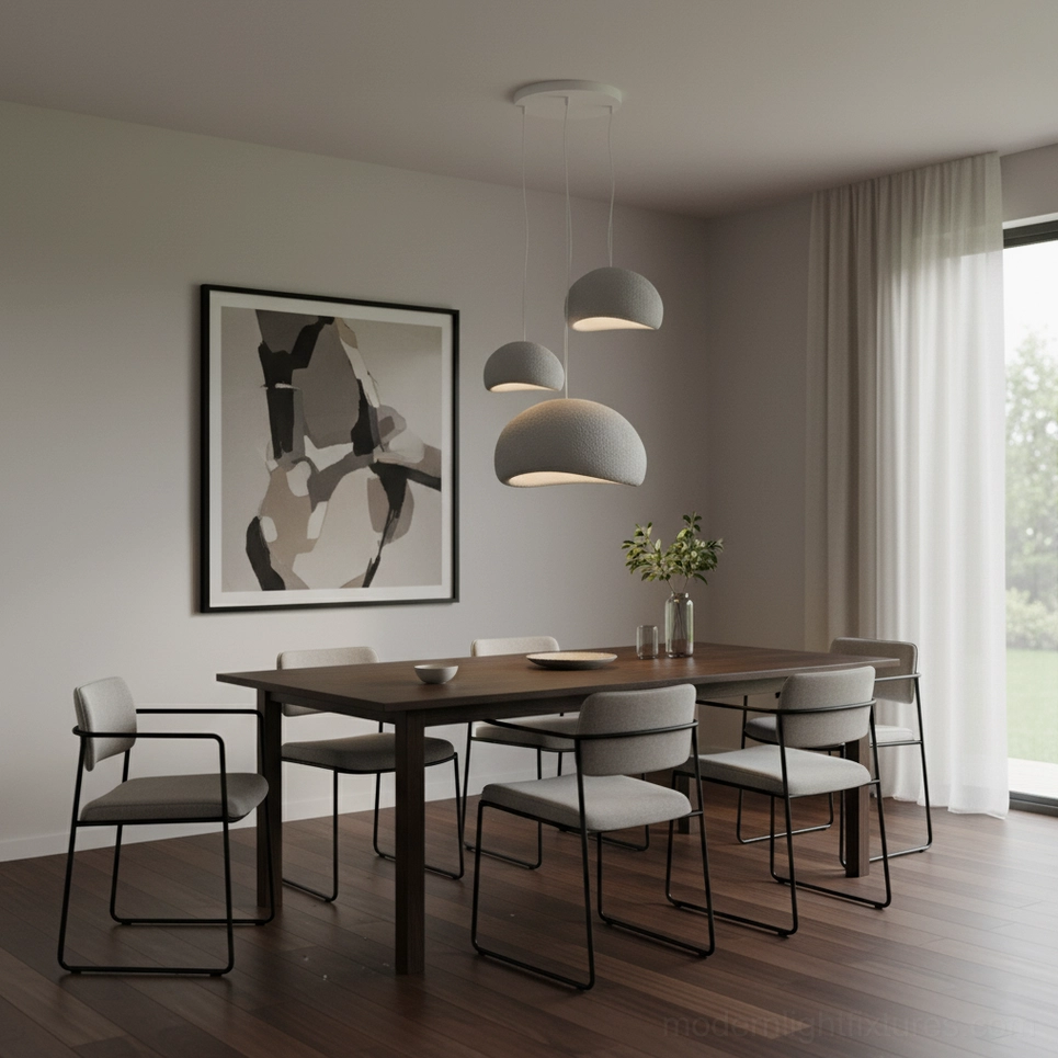 Three-piece wabi-sabi pendant lights hung above dining table in modern residential dining room