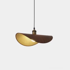 Handcrafted wabi-sabi pendant light with irregular flared fabric shade and dark wood finish, front view on white background