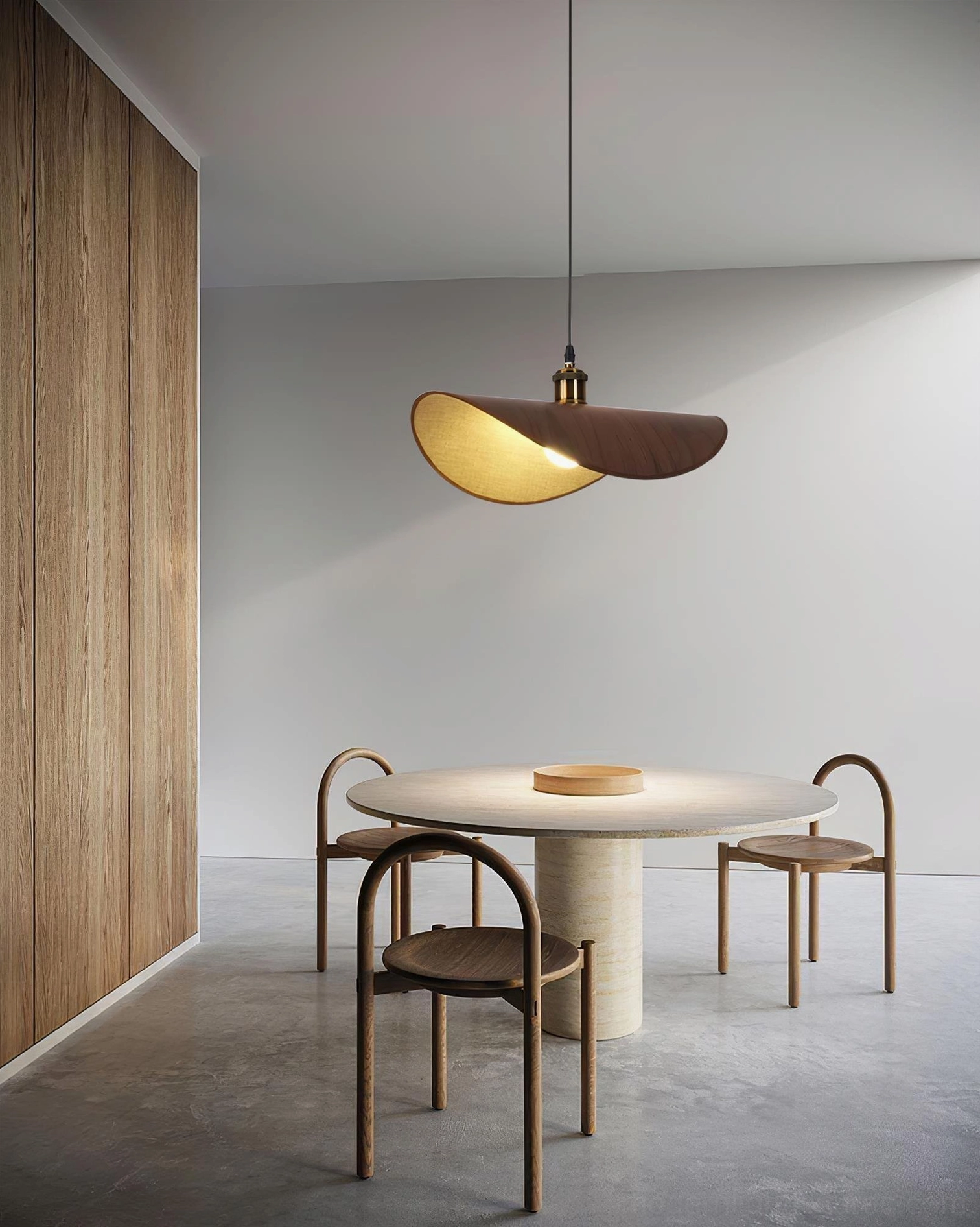 Handcrafted wabi-sabi pendant light with irregular fabric shade, side profile detail shot