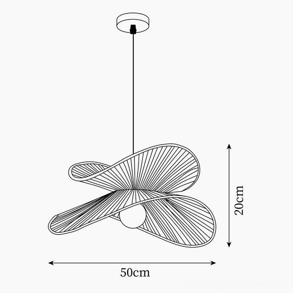 Rattan pendant light dimension schematic with asymmetrical petal structure 50cm by 20cm