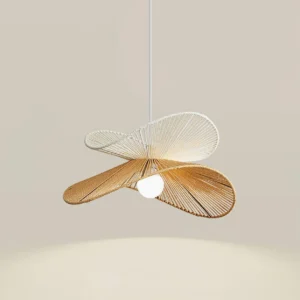 Japanese-inspired rattan pendant lamp showing three-quarter perspective of woven petal shade design
