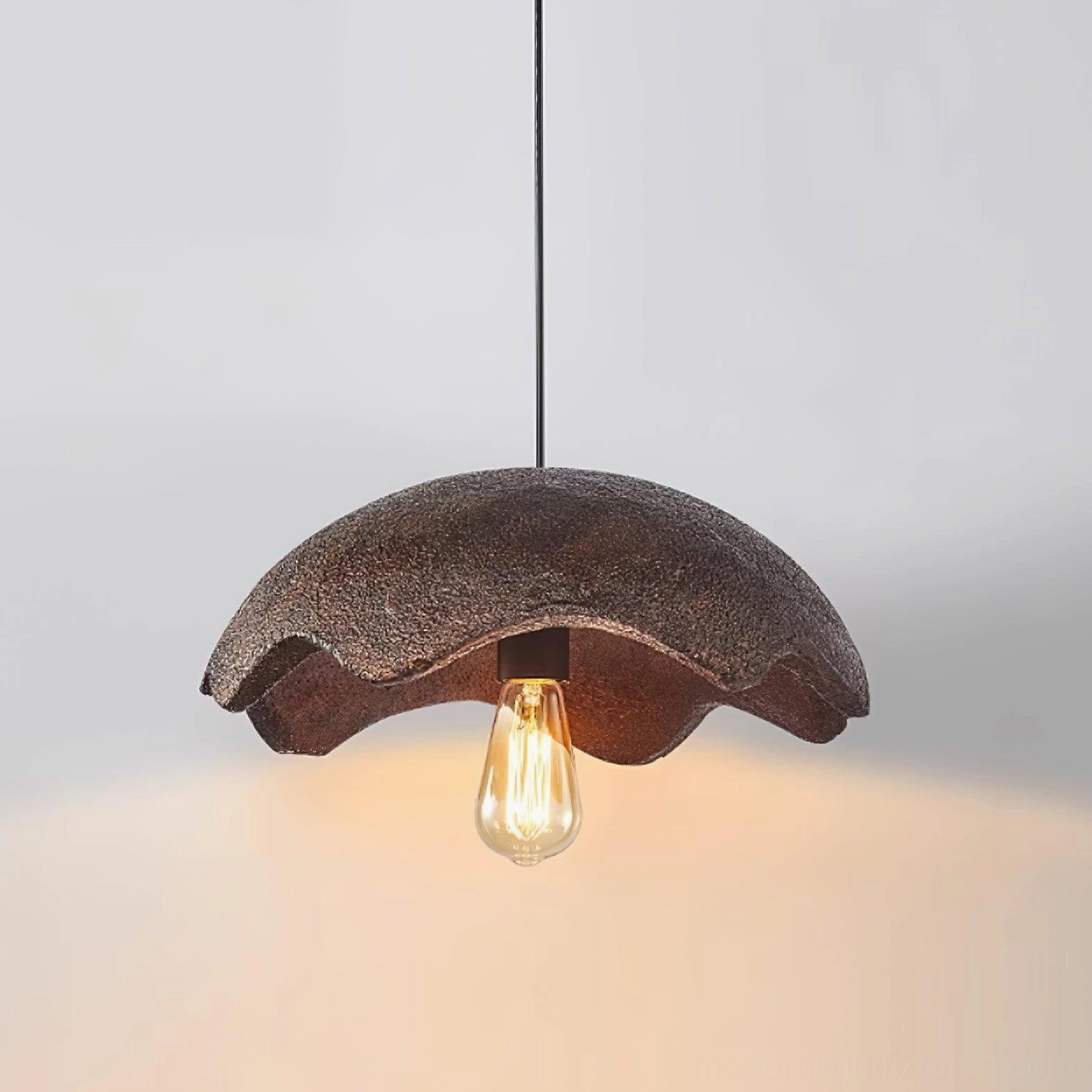 Dark red wabi-sabi pendant light fixture with textured ceramic shade and metal hardware