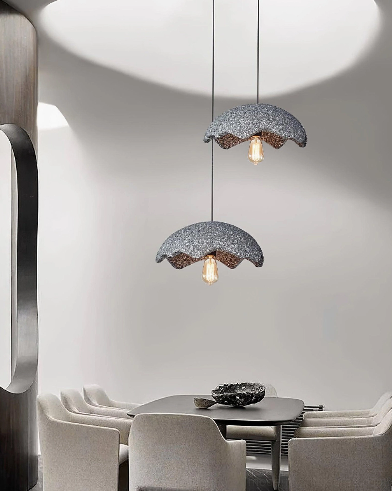 Wabi-sabi dark red pendant light with organic scalloped shape and Japanese aesthetic appeal