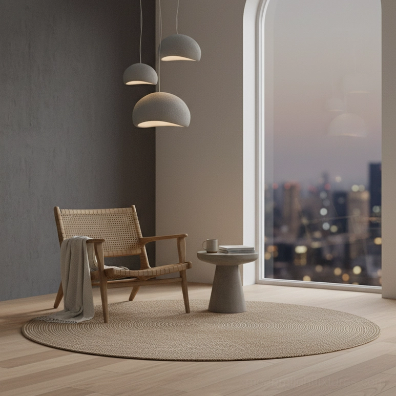 Wabi-sabi pendant light installation side view hanging above workspace