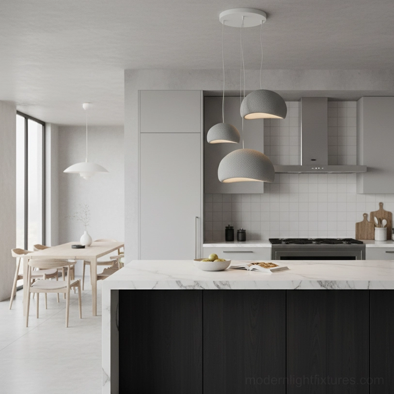Wabi-sabi pendant light set in modern open kitchen dining area contemporary design