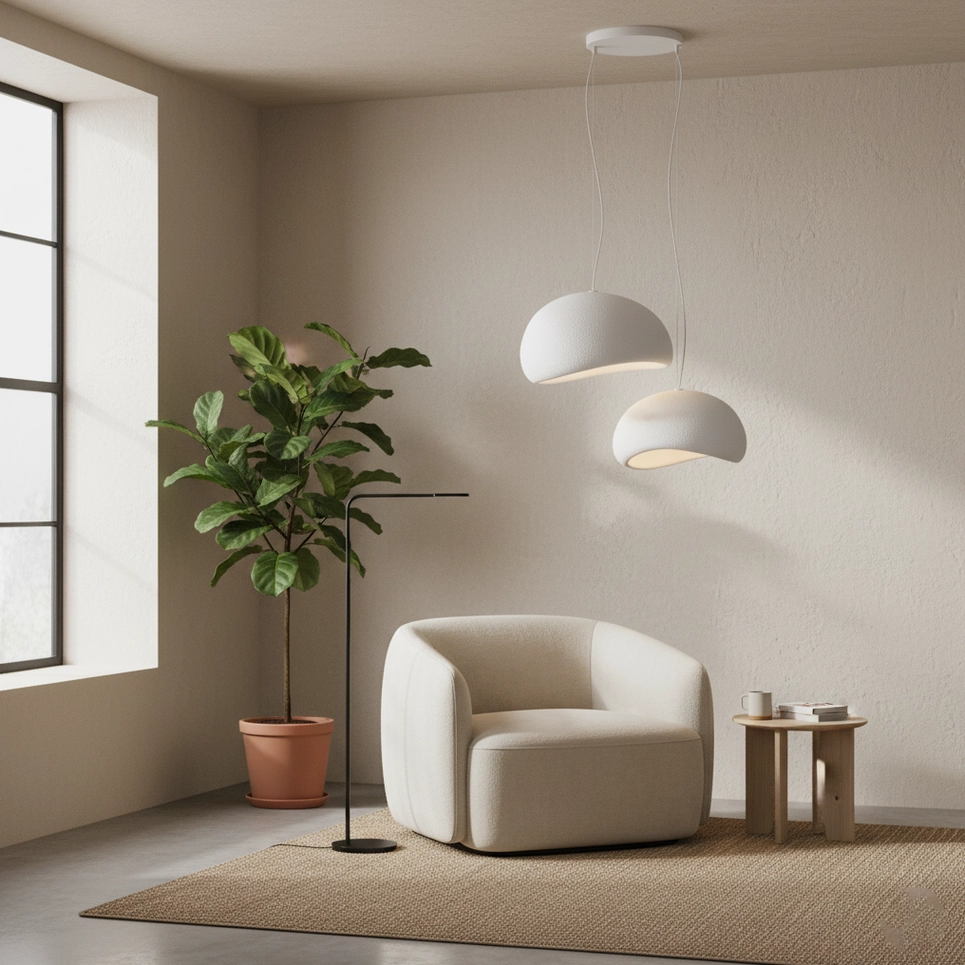 Single wabi-sabi pendant light detail close-up matte finish organic dome shape
