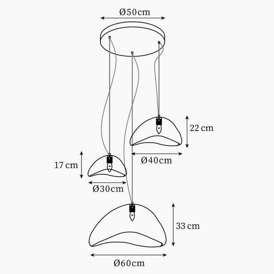 Wabi-sabi three-light chandelier technical specifications with mixed pendant sizes 30cm 40cm 60cm