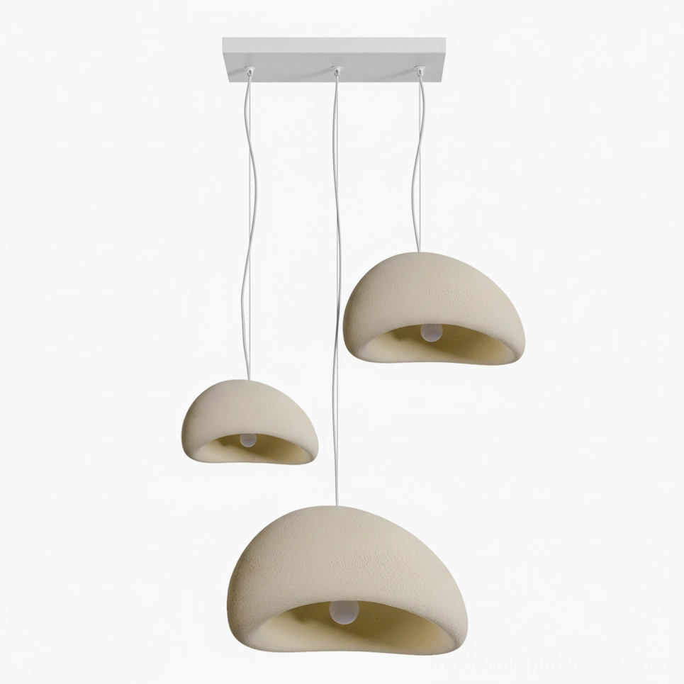 Wabi-sabi three-pendant lights beige white long canopy installation