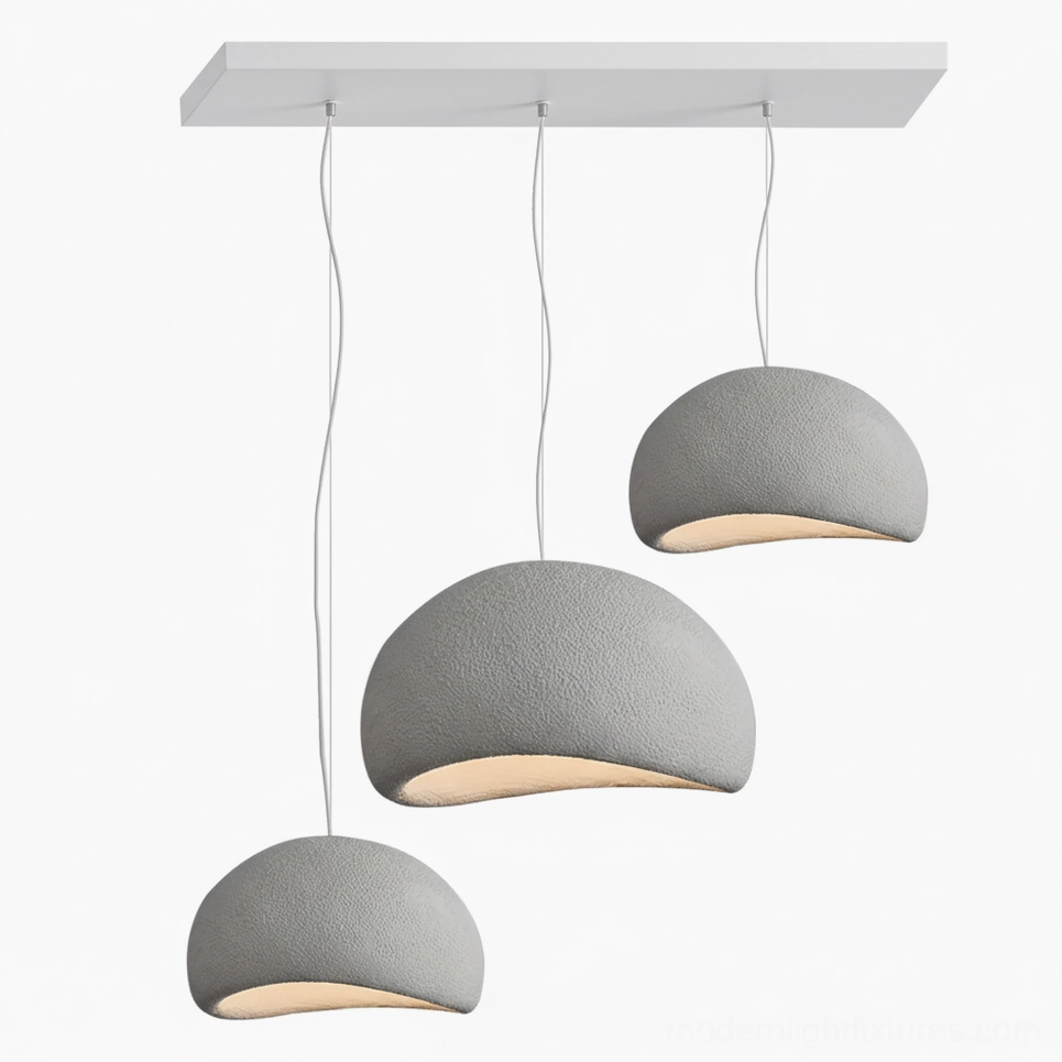 Three wabi-sabi pendant lights grey black wire long canopy