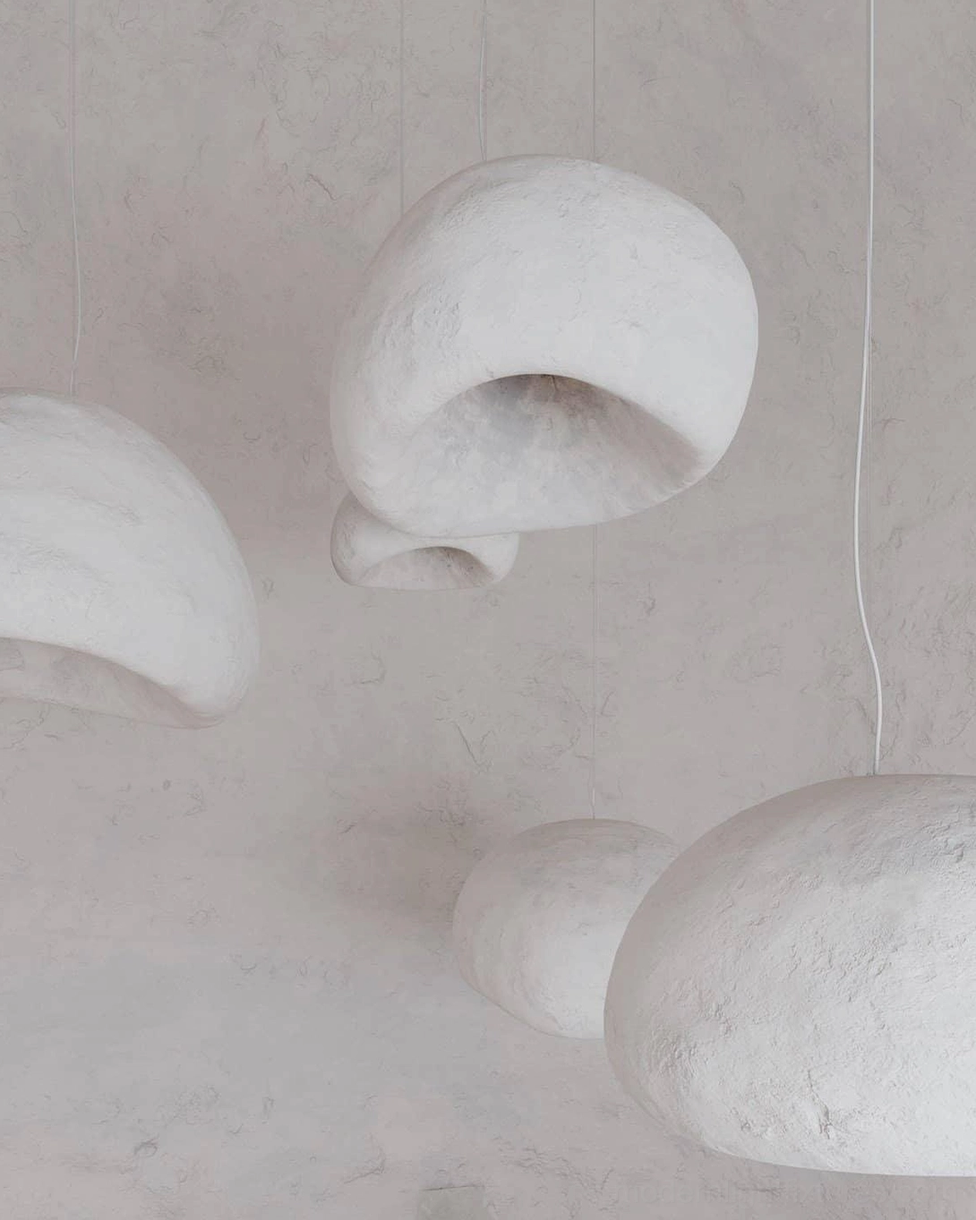 Three wabi-sabi pendant chandelier installation detail view