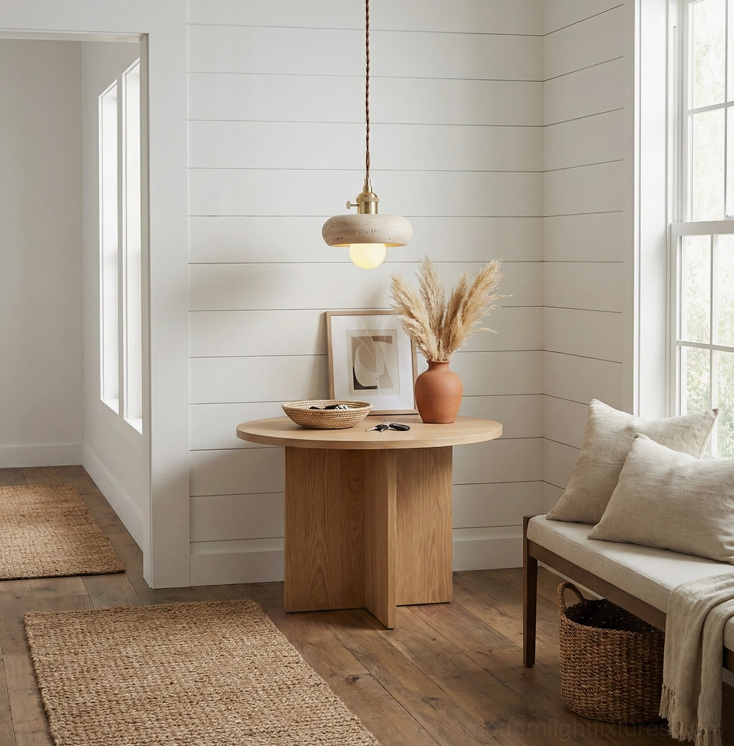 Wabi-sabi travertine pendant lamp with natural stone imperfections and character
