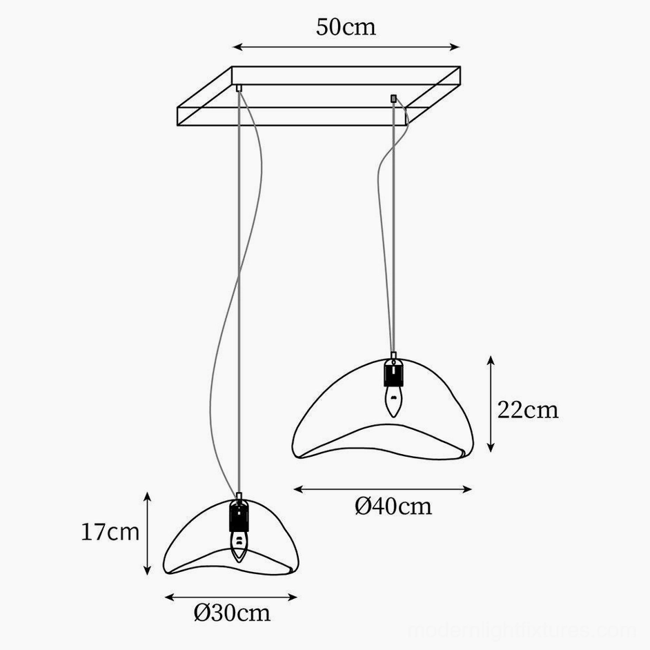 Wabi-sabi two-light chandelier technical drawing with rectangular canopy 30cm and 40cm pendants